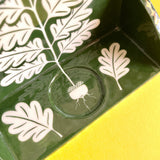 A close up detail of the green acorn motif on a decorative ceramic shelf.