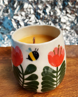 Stacked Flowers w bees 100% beeswax candle, small